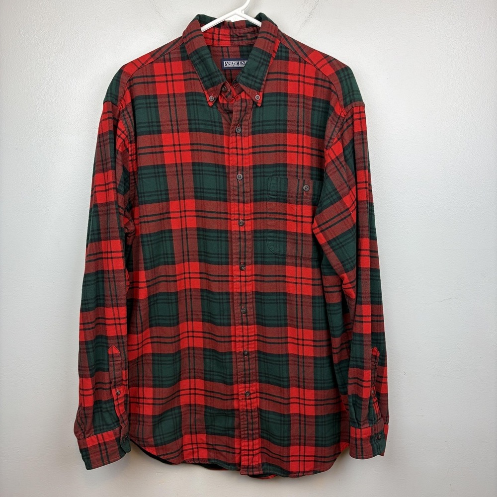 Lands' End Shirt Mens LT Red Green Plaid Flannel Long Sleeve Button Up‎ Casual